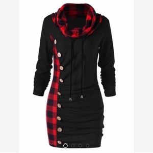 Plaid Trim Cowl Neck Tunic Sweatshirt Dress